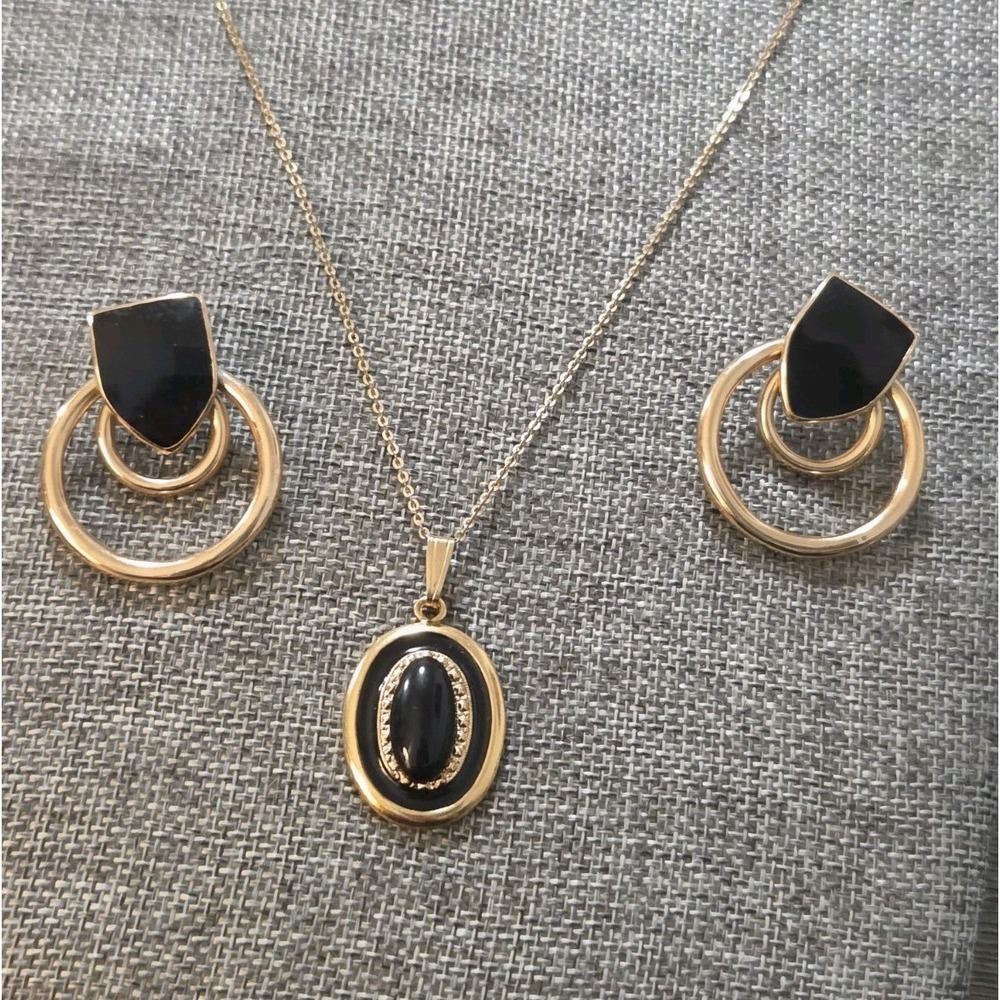 Vintage Black Enamel & Gold Tone Earrings And 16" Necklace 1990's